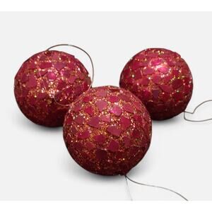 4" Glitter Shattered Glass Christmas Holiday Hanging Ornament Balls Set Of 3 Red